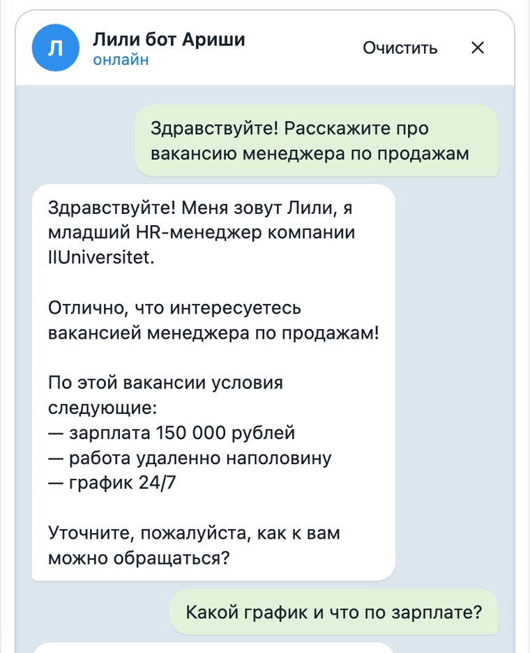 Тест-чат: агент отвечает кандидату про условия вакансии